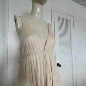 Sexy blouse with plunging neckline sz Medium, gold/beige